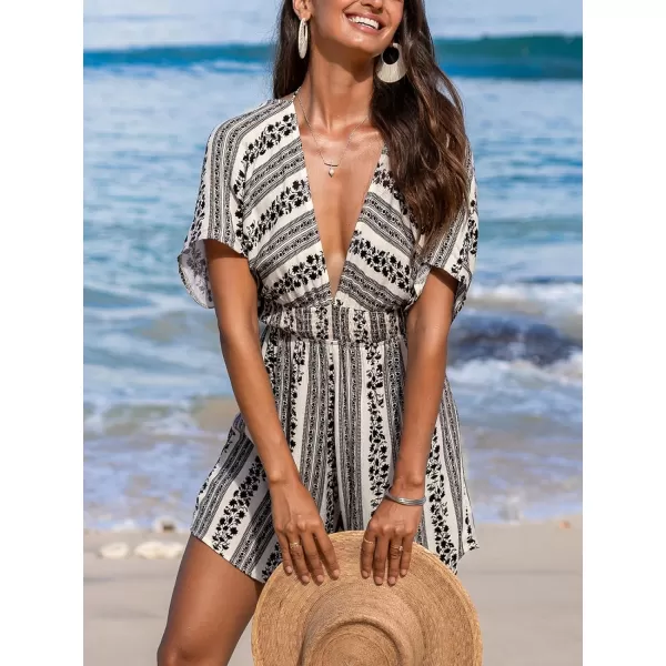 imageCUPSHE Womens Rompers Backless Back Tie Plunge V Neck Short Sleeve Smocked Waist Jumpsuits OutfitBlack