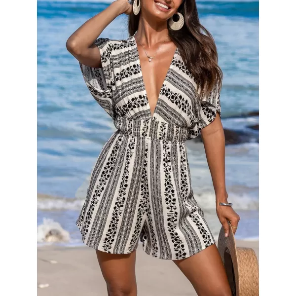 imageCUPSHE Womens Rompers Backless Back Tie Plunge V Neck Short Sleeve Smocked Waist Jumpsuits OutfitBlack
