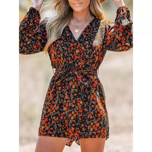 imageCUPSHE Womens Rompers Belted Ditsy Floral Print Jumpsuit Long Sleeve Outfit Casual DressyBlack