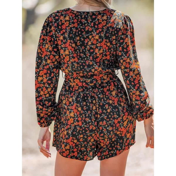 imageCUPSHE Womens Rompers Belted Ditsy Floral Print Jumpsuit Long Sleeve Outfit Casual DressyBlack