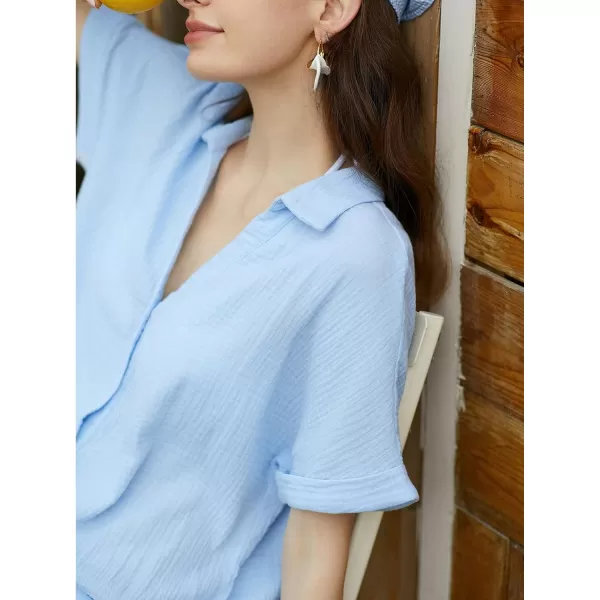 imageCUPSHE Womens Rompers Cotton Collared V Neck Front Button Up Short Sleeve Loose Jumpsuits with PocketsBaby Blue
