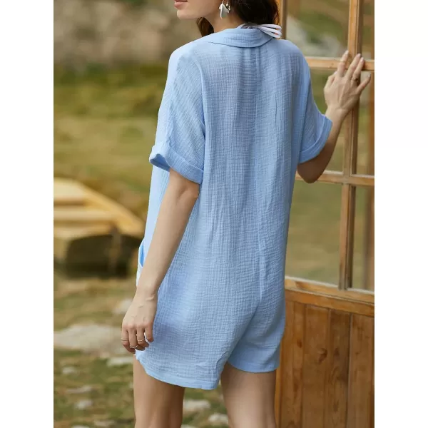imageCUPSHE Womens Rompers Cotton Collared V Neck Front Button Up Short Sleeve Loose Jumpsuits with PocketsBaby Blue