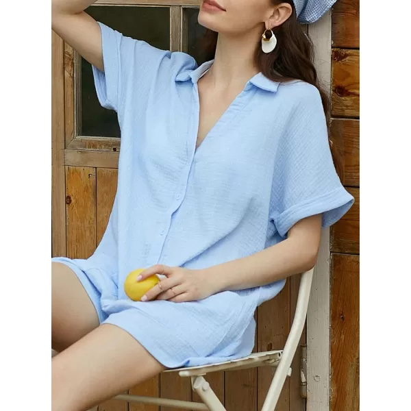 imageCUPSHE Womens Rompers Cotton Collared V Neck Front Button Up Short Sleeve Loose Jumpsuits with PocketsBaby Blue