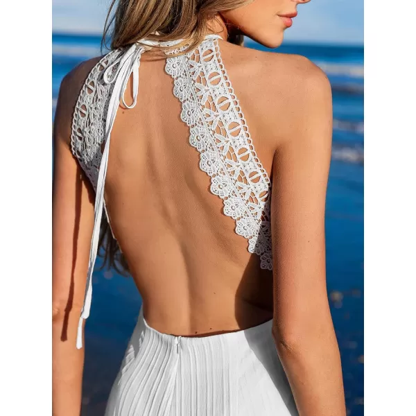 imageCUPSHE Womens Rompers Halterneck Straight Leg Lace Overall Sleeveless Outfit Casual BeachWhite