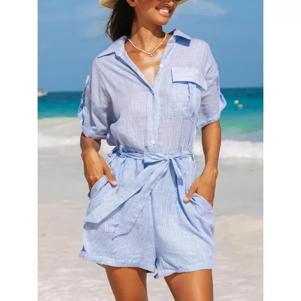imageCUPSHE Womens Rompers Pinstripe ButtonUp Collared Jumpsuits Wide Leg Overall Front Pocket Outfit Casual DressyBlue