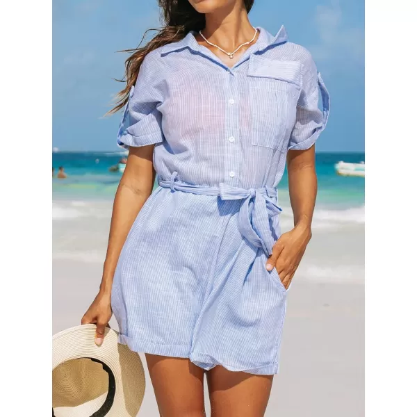 imageCUPSHE Womens Rompers Pinstripe ButtonUp Collared Jumpsuits Wide Leg Overall Front Pocket Outfit Casual DressyBlue