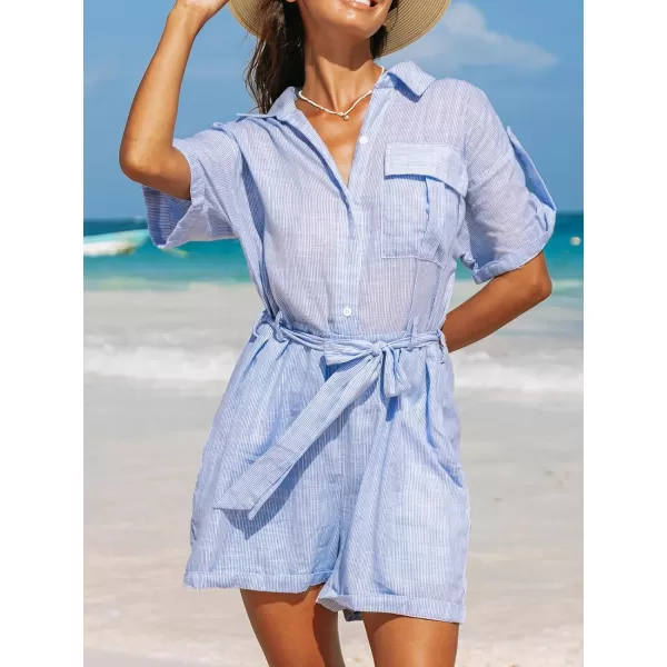 imageCUPSHE Womens Rompers Pinstripe ButtonUp Collared Jumpsuits Wide Leg Overall Front Pocket Outfit Casual DressyBlue