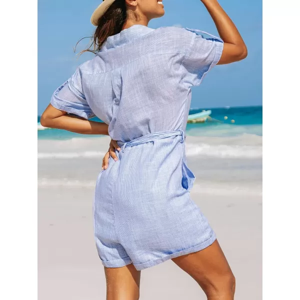imageCUPSHE Womens Rompers Pinstripe ButtonUp Collared Jumpsuits Wide Leg Overall Front Pocket Outfit Casual DressyBlue