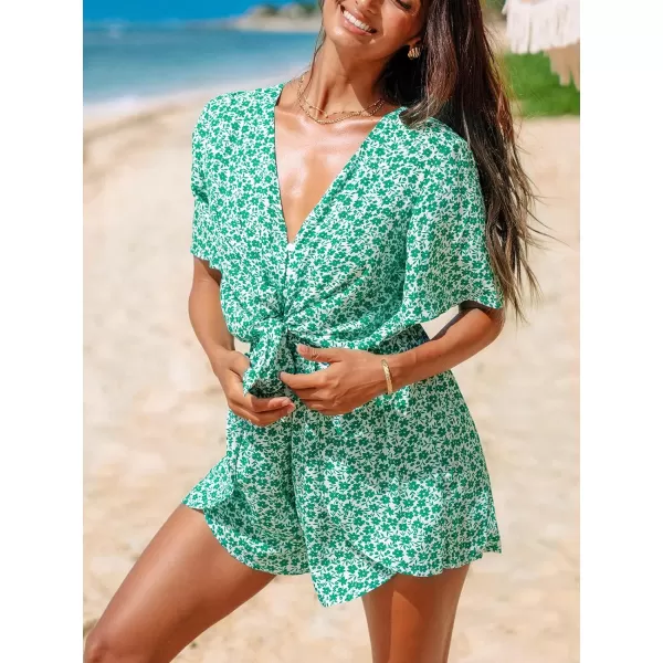 imageCUPSHE Womens Rompers Plunging Front Tie Short Sleeve Overall Wide Leg Outfit Casual BeachGreen