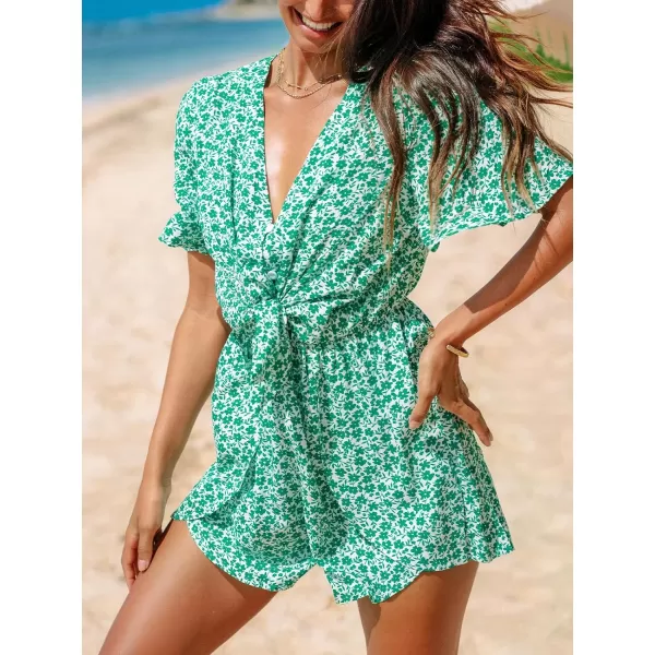 imageCUPSHE Womens Rompers Plunging Front Tie Short Sleeve Overall Wide Leg Outfit Casual BeachGreen