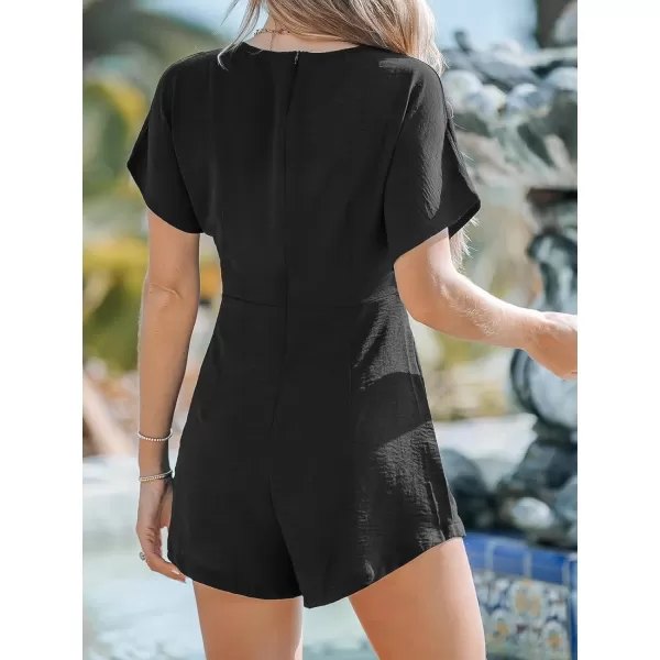 imageCUPSHE Womens Rompers Round Neck Tie Front Jumpsuits Wide Leg Overall Short Sleeves Outfit CasualBlack