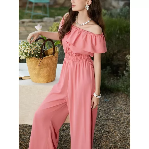 imageCUPSHE Womens Rompers Short Sleeves OffShoulder Neck Jumpsuits Ruffle Smocked Overall Loose Outfit CasualPink