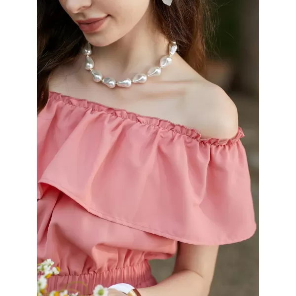 imageCUPSHE Womens Rompers Short Sleeves OffShoulder Neck Jumpsuits Ruffle Smocked Overall Loose Outfit CasualPink