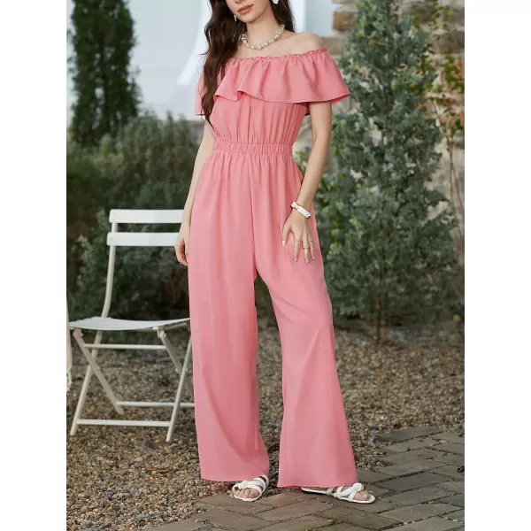 imageCUPSHE Womens Rompers Short Sleeves OffShoulder Neck Jumpsuits Ruffle Smocked Overall Loose Outfit CasualPink