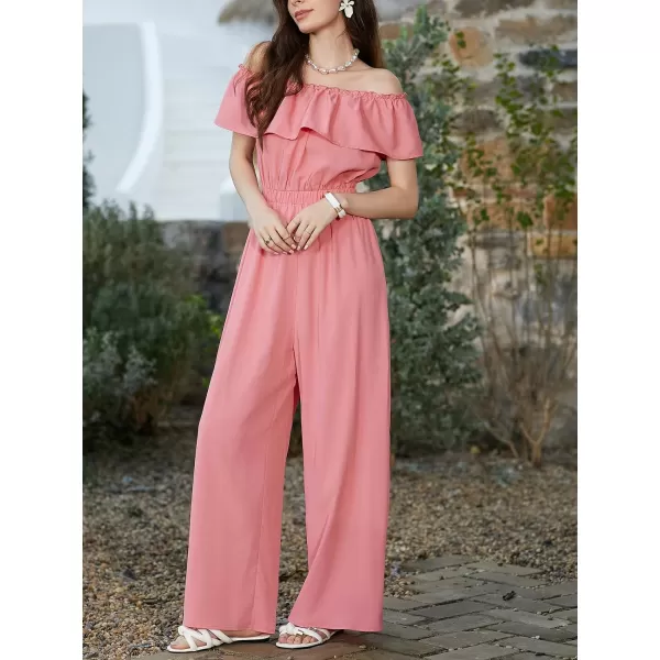 imageCUPSHE Womens Rompers Short Sleeves OffShoulder Neck Jumpsuits Ruffle Smocked Overall Loose Outfit CasualPink