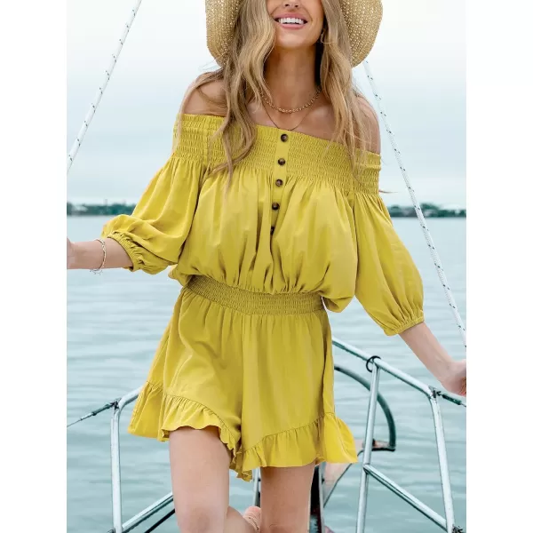 imageCUPSHE Womens Rompers Short Sleeves OffShoulder Neck Jumpsuits Smocked Overall Button Front Outfit Casual BeachYellow