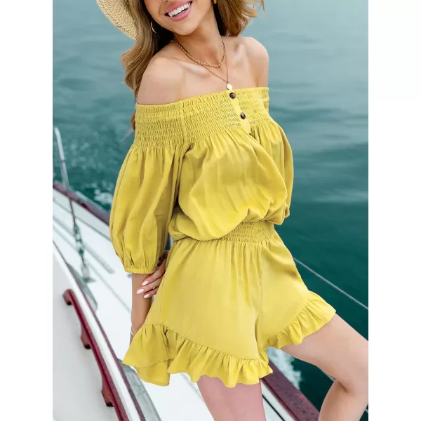 imageCUPSHE Womens Rompers Short Sleeves OffShoulder Neck Jumpsuits Smocked Overall Button Front Outfit Casual BeachYellow
