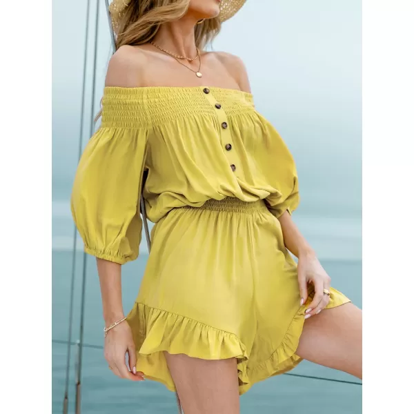 imageCUPSHE Womens Rompers Short Sleeves OffShoulder Neck Jumpsuits Smocked Overall Button Front Outfit Casual BeachYellow