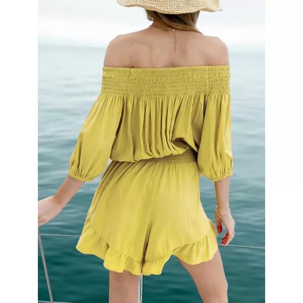 imageCUPSHE Womens Rompers Short Sleeves OffShoulder Neck Jumpsuits Smocked Overall Button Front Outfit Casual BeachYellow