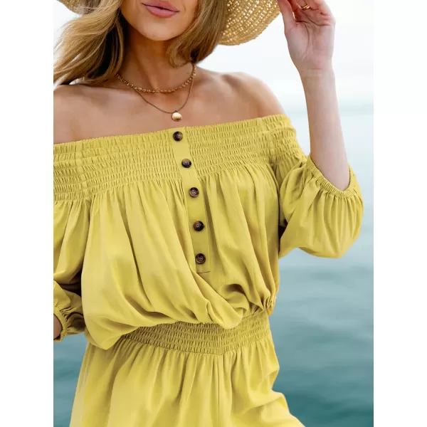 imageCUPSHE Womens Rompers Short Sleeves OffShoulder Neck Jumpsuits Smocked Overall Button Front Outfit Casual BeachYellow