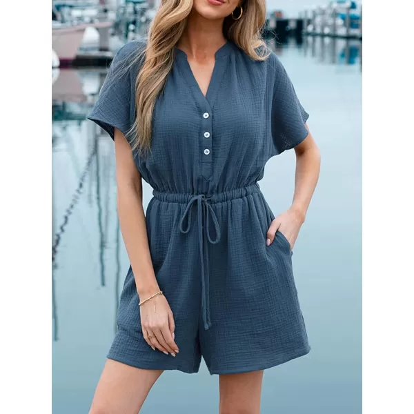 imageCUPSHE Womens Rompers Short Sleeves V Neck Jumpsuits Tie Overall Button Front Outfit Casual BeachBlue