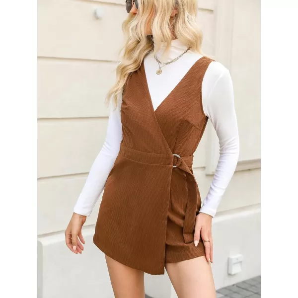 imageCUPSHE Womens Rompers Sleeveless Overlap Collar Wide Leg Rompers V Neck Outfit Casual DressyBrown