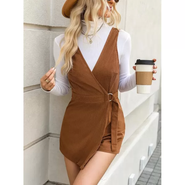 imageCUPSHE Womens Rompers Sleeveless Overlap Collar Wide Leg Rompers V Neck Outfit Casual DressyBrown