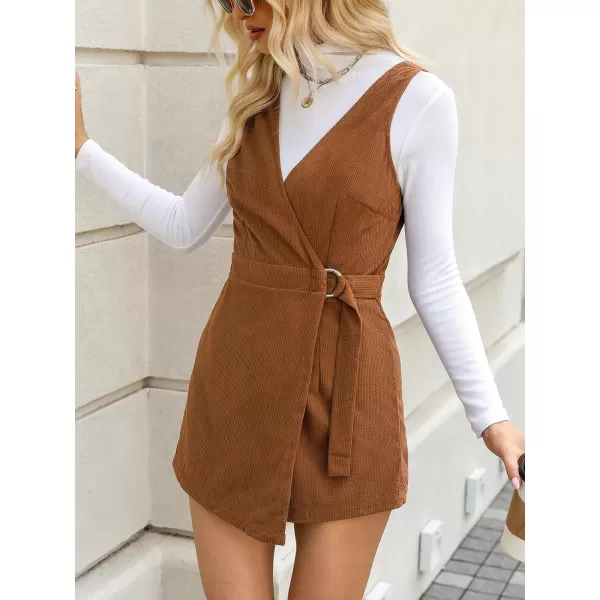imageCUPSHE Womens Rompers Sleeveless Overlap Collar Wide Leg Rompers V Neck Outfit Casual DressyBrown