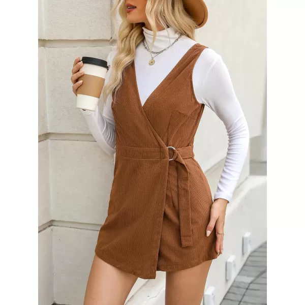 imageCUPSHE Womens Rompers Sleeveless Overlap Collar Wide Leg Rompers V Neck Outfit Casual DressyBrown