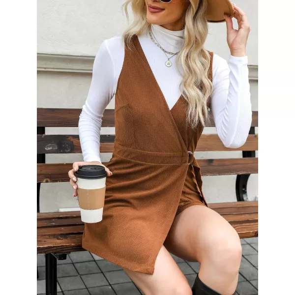 imageCUPSHE Womens Rompers Sleeveless Overlap Collar Wide Leg Rompers V Neck Outfit Casual DressyBrown