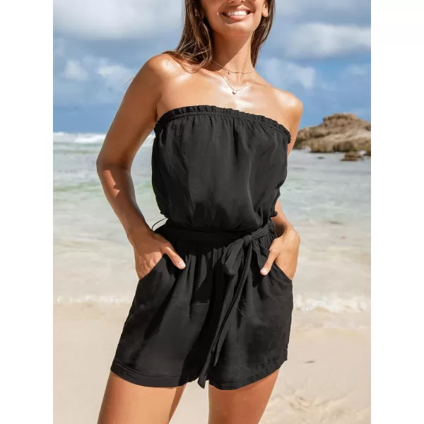 imageCUPSHE Womens Rompers Sleeveless Tube Waist tie Jumpsuits Straight leg Overall Outfit Casual BeachBlack