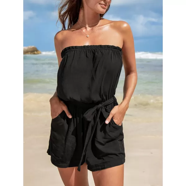 imageCUPSHE Womens Rompers Sleeveless Tube Waist tie Jumpsuits Straight leg Overall Outfit Casual BeachBlack