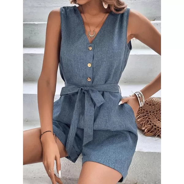 imageCUPSHE Womens Rompers Sleeveless V Neck Jumpsuits Wide Leg Overall Button Front Outfit Casual BeachBlue