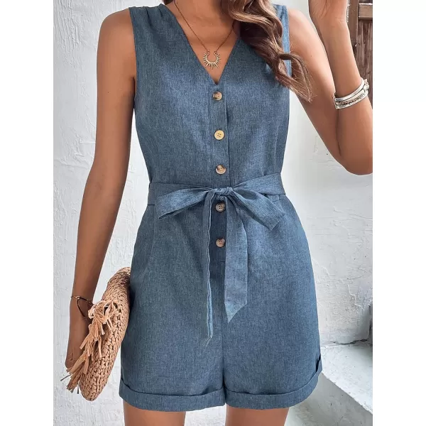 imageCUPSHE Womens Rompers Sleeveless V Neck Jumpsuits Wide Leg Overall Button Front Outfit Casual BeachBlue