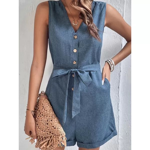 imageCUPSHE Womens Rompers Sleeveless V Neck Jumpsuits Wide Leg Overall Button Front Outfit Casual BeachBlue