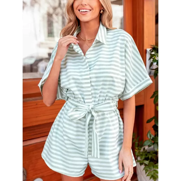 imageCUPSHE Womens Rompers Stripe Collared Neck Wide Leg Overall Short Sleeve Outfit Casual BeachGreen