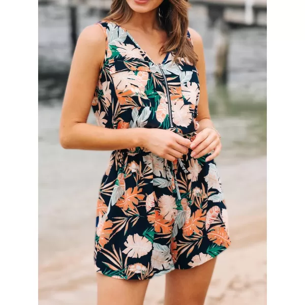 imageCUPSHE Womens Rompers Tropical Sleeveless Zipper Jumpsuits Wide Leg Overall Sleeveless Outfit Casual BeachBlack