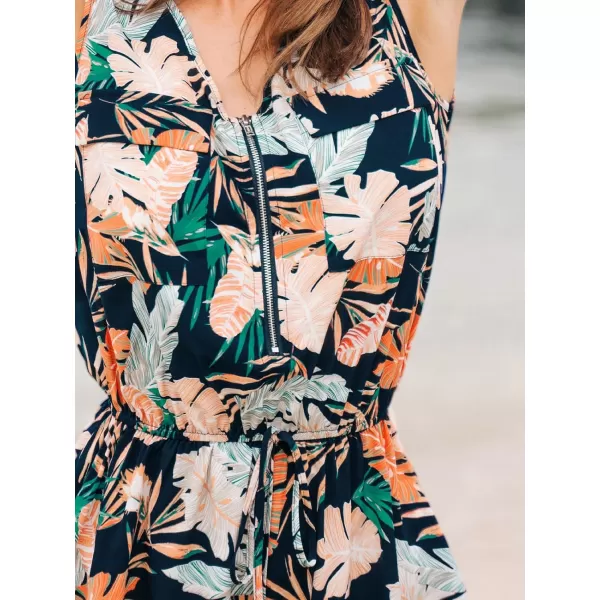 imageCUPSHE Womens Rompers Tropical Sleeveless Zipper Jumpsuits Wide Leg Overall Sleeveless Outfit Casual BeachBlack