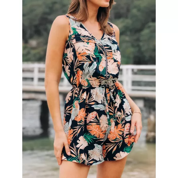 imageCUPSHE Womens Rompers Tropical Sleeveless Zipper Jumpsuits Wide Leg Overall Sleeveless Outfit Casual BeachBlack