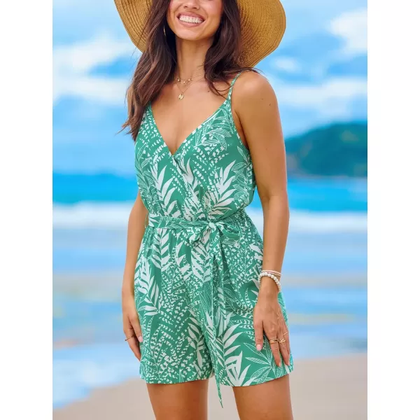 imageCUPSHE Womens Rompers Tropical Surplice Neck Sleeveless Wide Leg Overall V Neck Outfit Casual BeachGreen