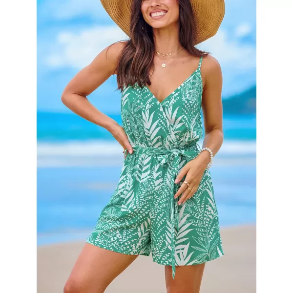 imageCUPSHE Womens Rompers Tropical Surplice Neck Sleeveless Wide Leg Overall V Neck Outfit Casual BeachGreen