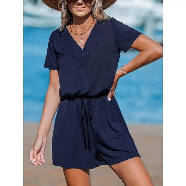 imageCUPSHE Womens Rompers V Neck Drawstring Jersey Jumpsuits Short Sleeve Overall Wide Leg Outfit Casual BeachDark Blue