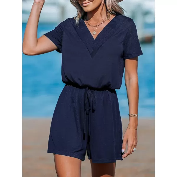 imageCUPSHE Womens Rompers V Neck Drawstring Jersey Jumpsuits Short Sleeve Overall Wide Leg Outfit Casual BeachDark Blue