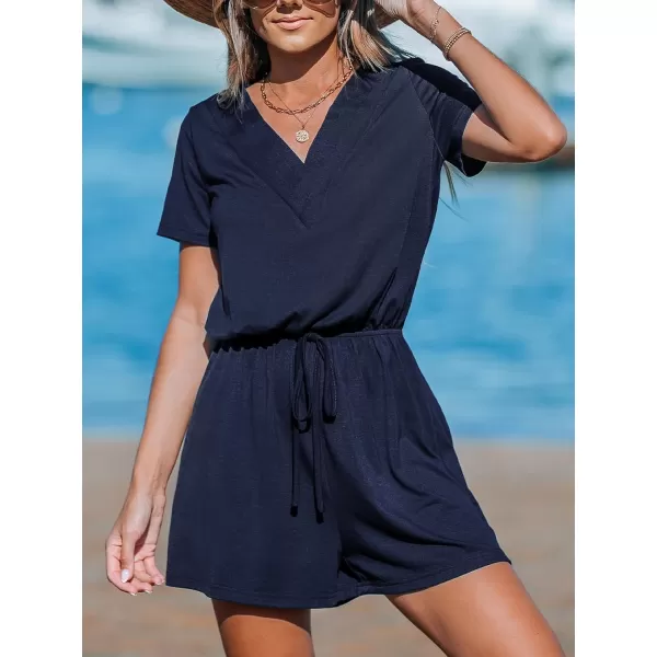 imageCUPSHE Womens Rompers V Neck Drawstring Jersey Jumpsuits Short Sleeve Overall Wide Leg Outfit Casual BeachDark Blue