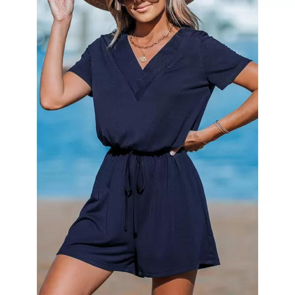 imageCUPSHE Womens Rompers V Neck Drawstring Jersey Jumpsuits Short Sleeve Overall Wide Leg Outfit Casual BeachDark Blue