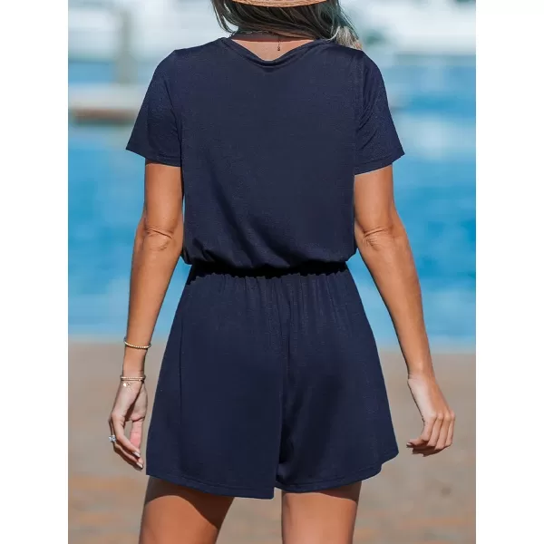 imageCUPSHE Womens Rompers V Neck Drawstring Jersey Jumpsuits Short Sleeve Overall Wide Leg Outfit Casual BeachDark Blue