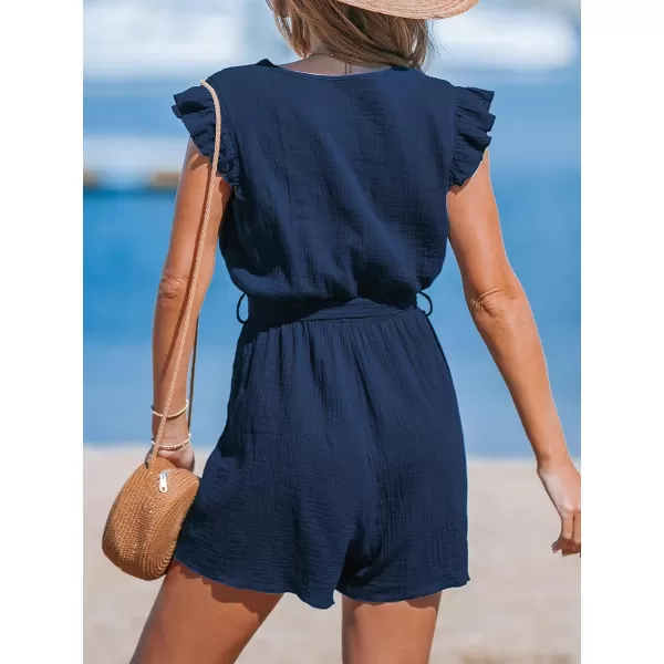 imageCUPSHE Womens Rompers V Neck Flutter Sleeve Wide Leg Overall Waist Tie Outfit Casual BeachDark Blue