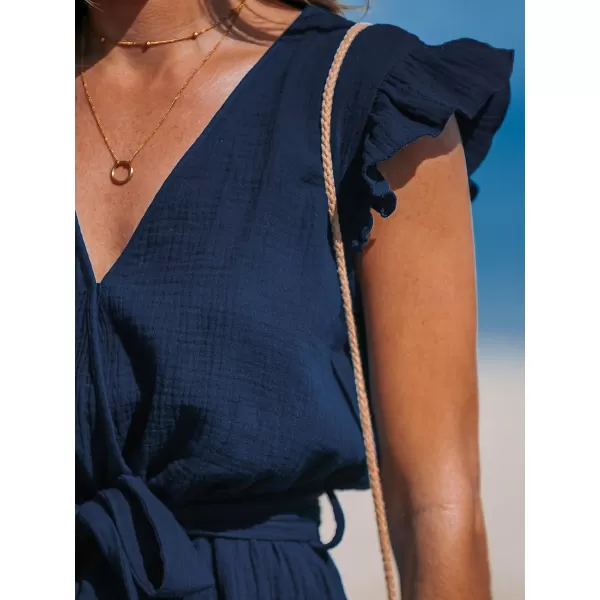 imageCUPSHE Womens Rompers V Neck Flutter Sleeve Wide Leg Overall Waist Tie Outfit Casual BeachDark Blue