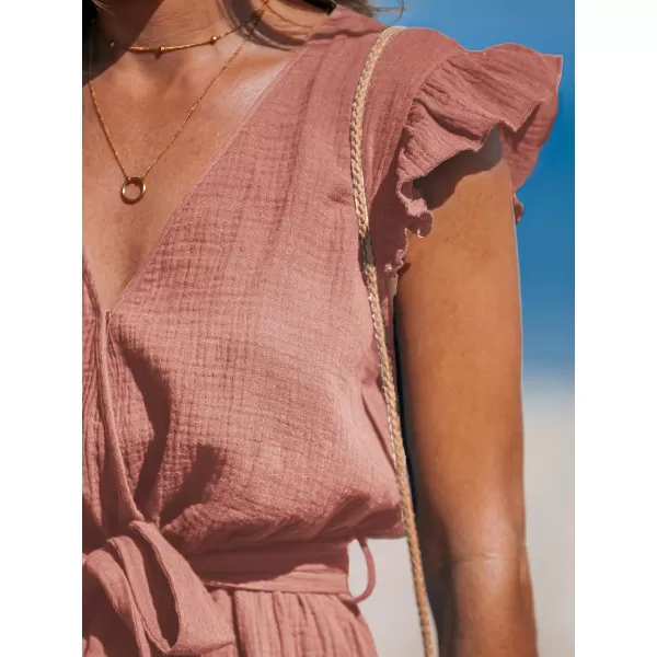 imageCUPSHE Womens Rompers V Neck Flutter Sleeve Wide Leg Overall Waist Tie Outfit Casual BeachPink