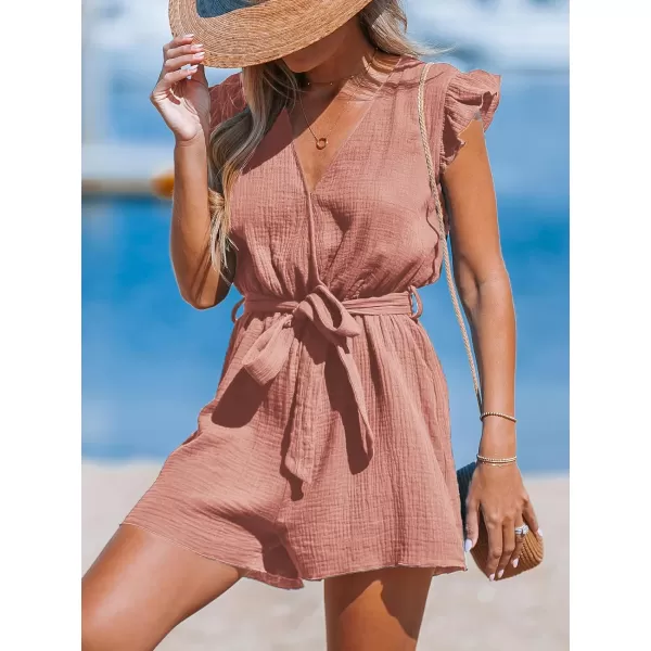 imageCUPSHE Womens Rompers V Neck Flutter Sleeve Wide Leg Overall Waist Tie Outfit Casual BeachPink